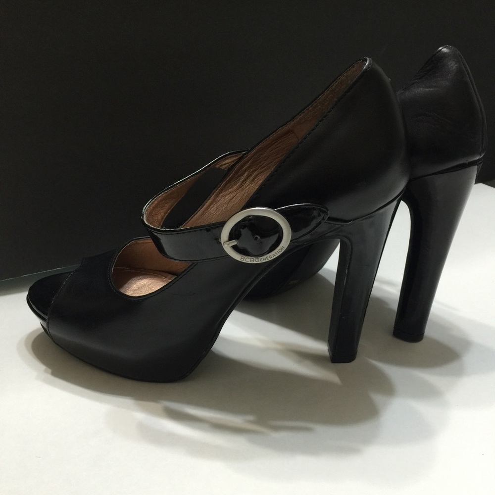 BCBGeneration Black Patent Mary Jane Platform Heels with Silver Buckle